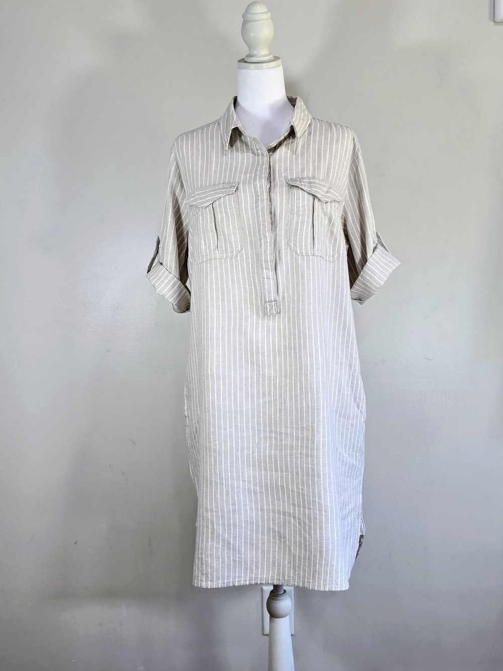 Neutral Stripe Shirt Midi Dress - Lightweight Beige Midi Dress